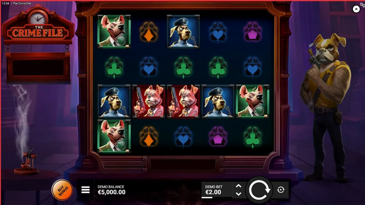 Giao diện trò chơi slot The Crime File với chủ đề thám tử noir